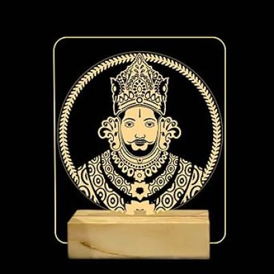 3D Illusion Khatu Shyam Ji Night Lamp with Warm White Color Home & Temple Decor Light Wooden Base